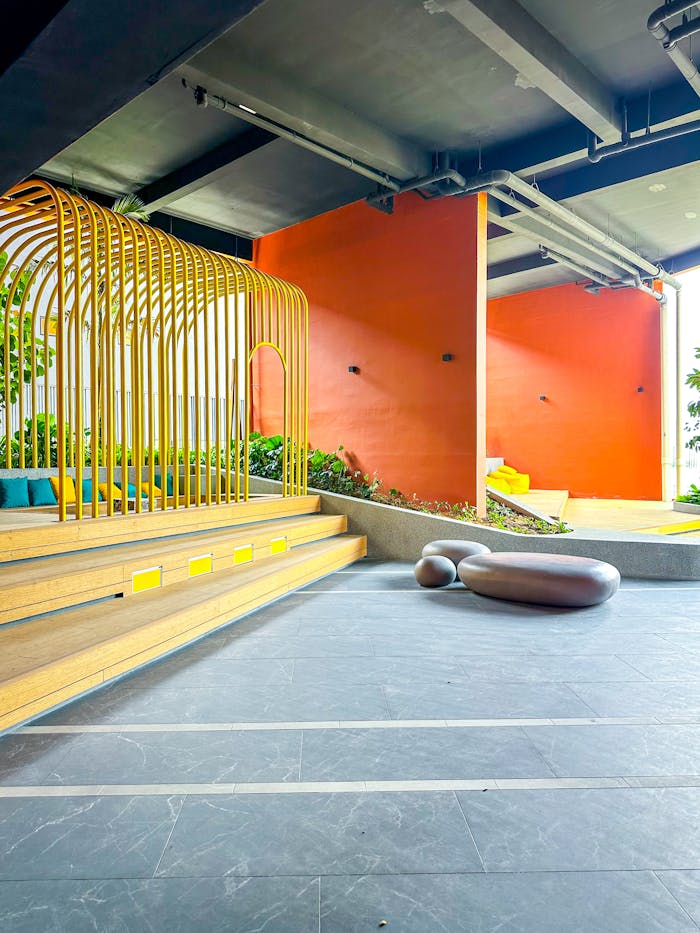 A vibrant modern architectural space in Ipoh, Malaysia, featuring bold colors and unique design elements.